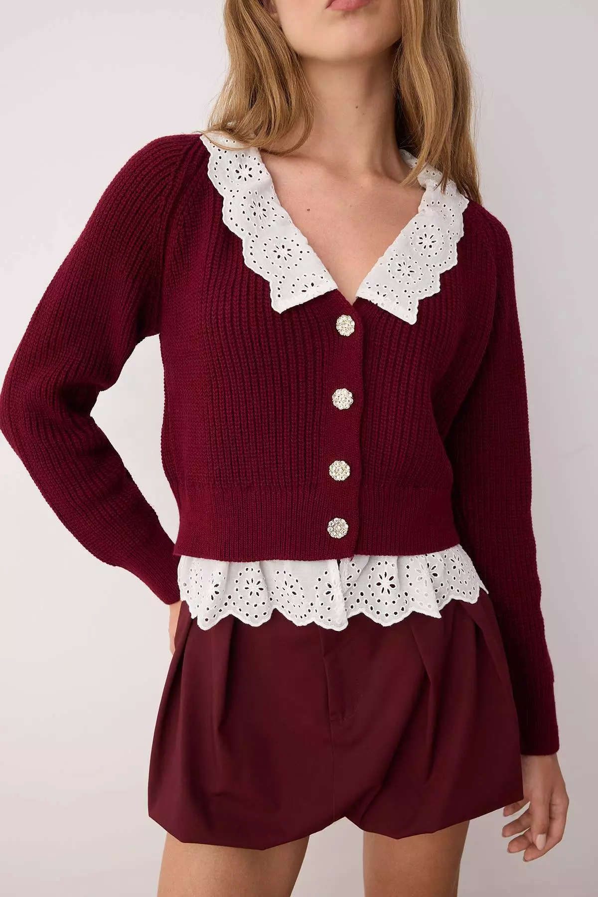 Burgundy Crop Shirt Garnish Detailed V Neck Knitwear Cardigan