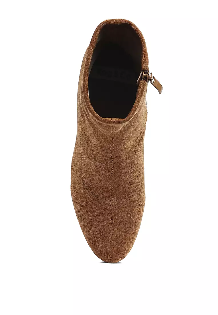 Sepatu bot hak blok berhias berlian imitasi warna cokelat