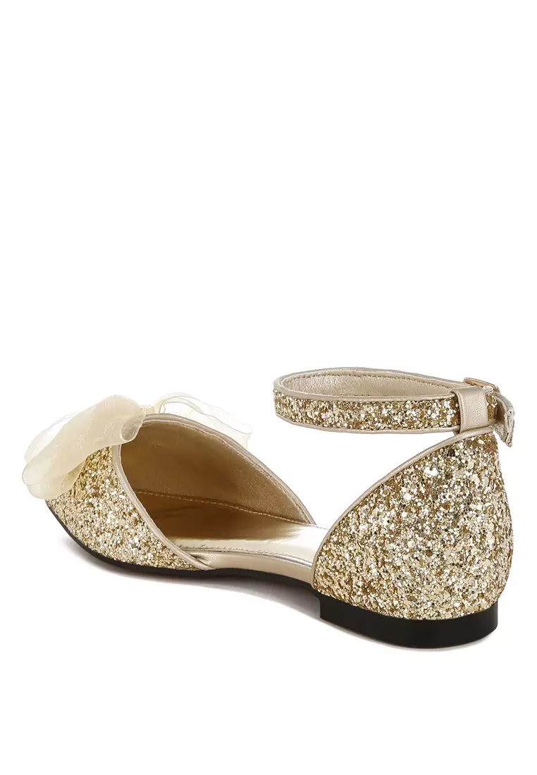 Sheer Bow Detail Glitter Flat Sandals in Gold