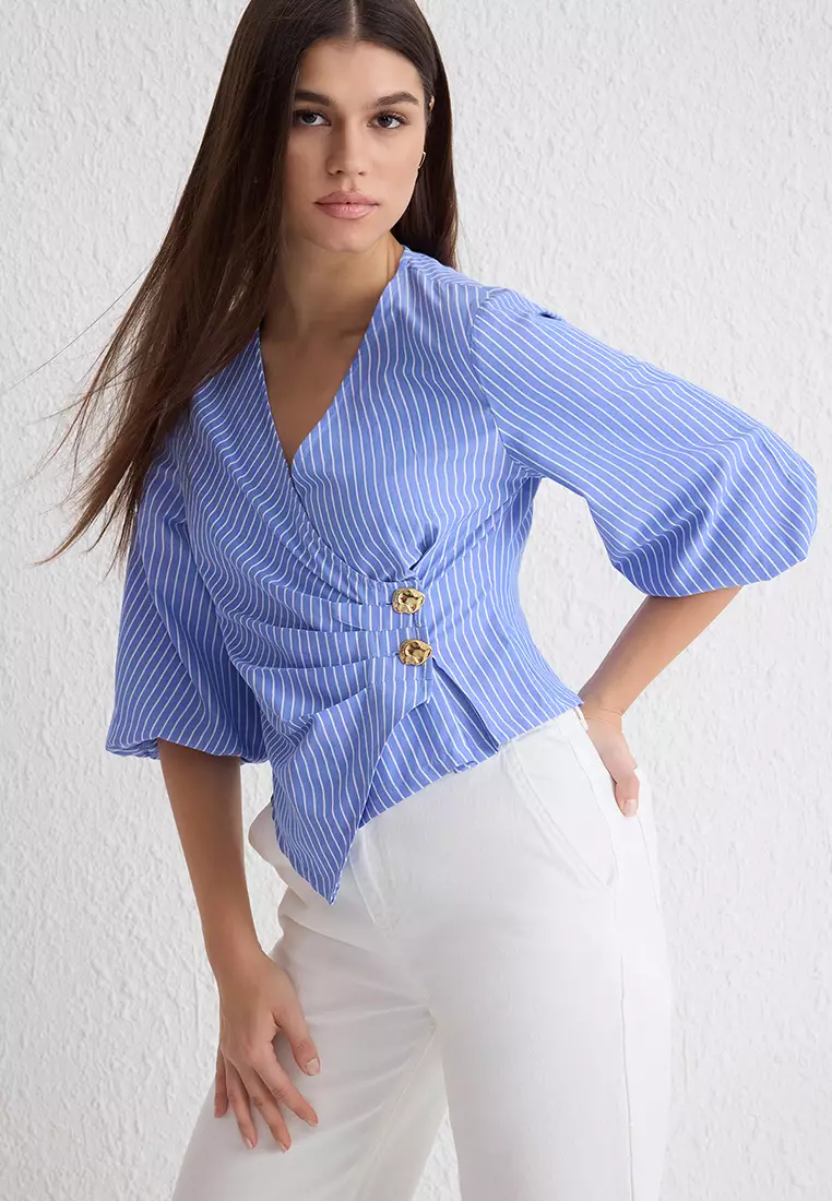 Blue Double Breasted Striped Blouse