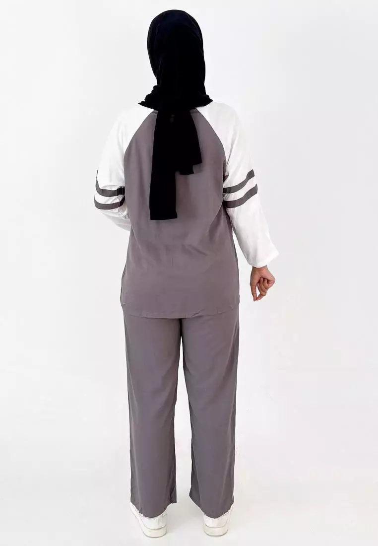 Set Katun Helmi (Setelan Piyama Lengan Panjang Wanita) Abu-Abu