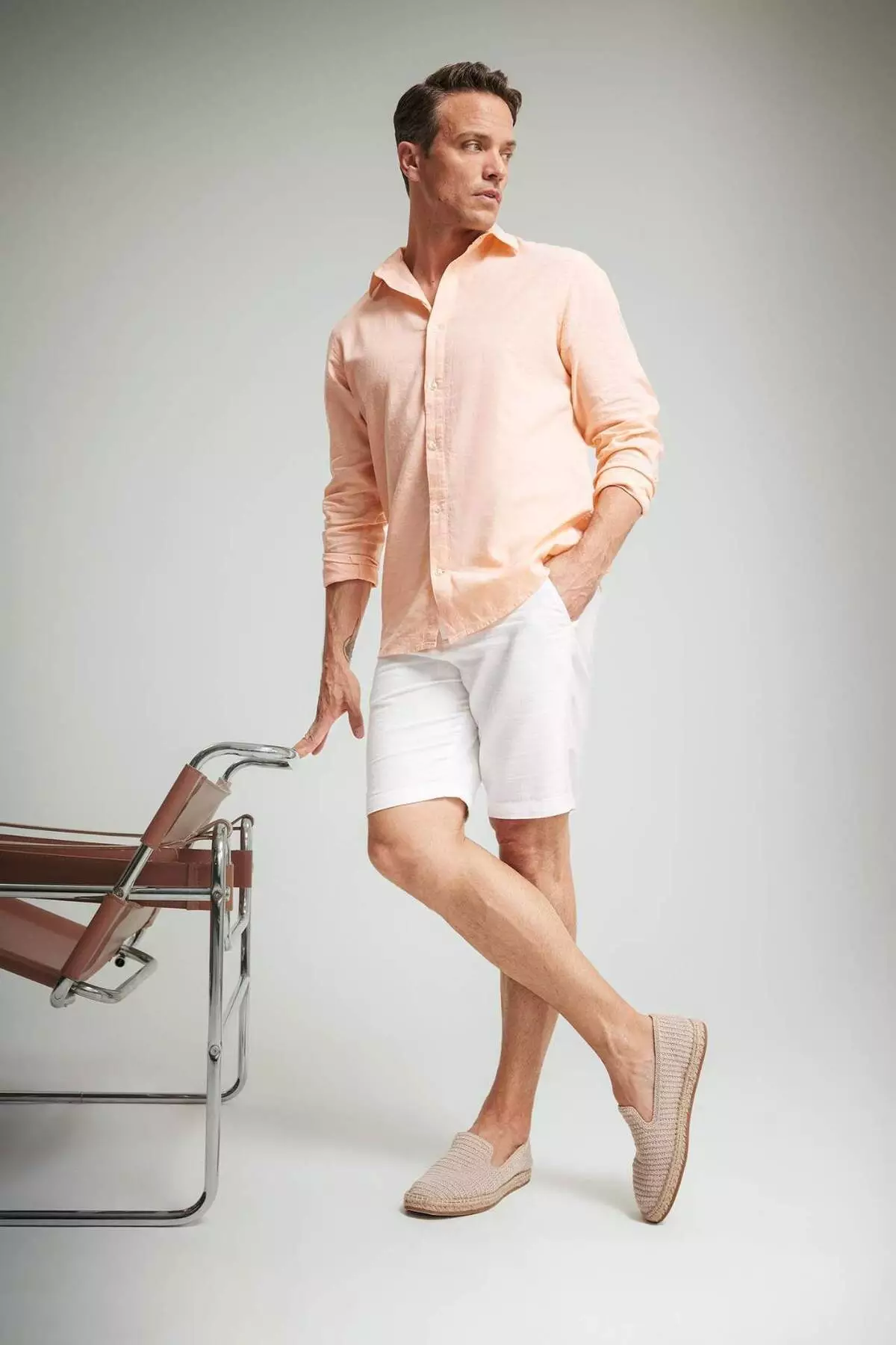 Regular Fit Polo Collar Linen Blended Summer Long Sleeve Shirt E0555Ax25Sm