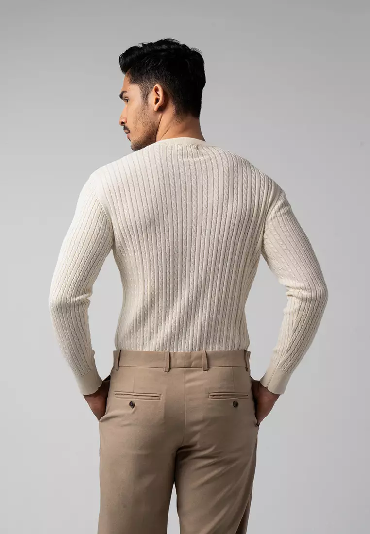 Mens Cable Knit Cotton Sweater Off White LS