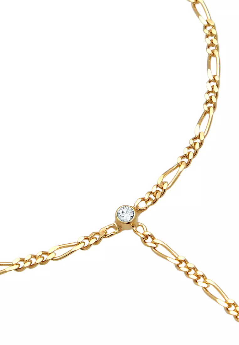 Gelang Perhiasan Perak 925 Wanita Hand Chain Figaro with Crystals Gold Plated