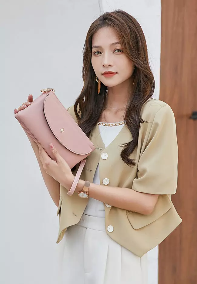 Faux Leather Sling Bag / Crossbody Bag / Wristlet - Pink