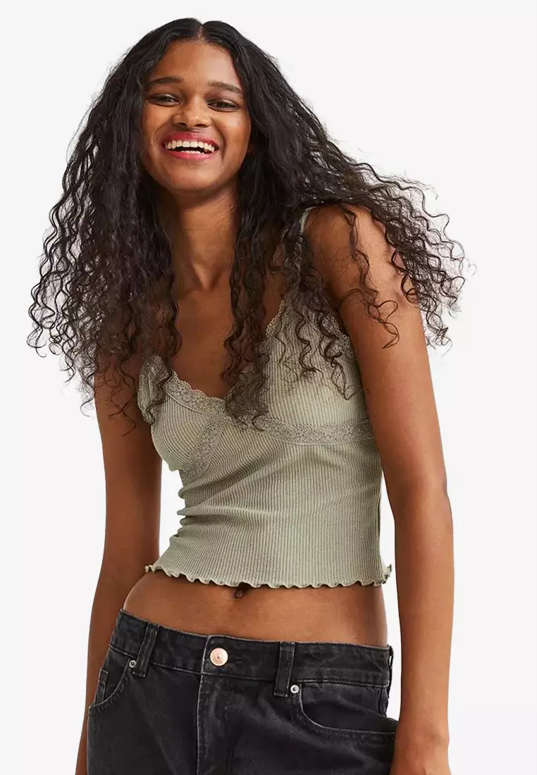 Lace-trimmed Ribbed Tank Top - Light khaki green/floral - Ladies