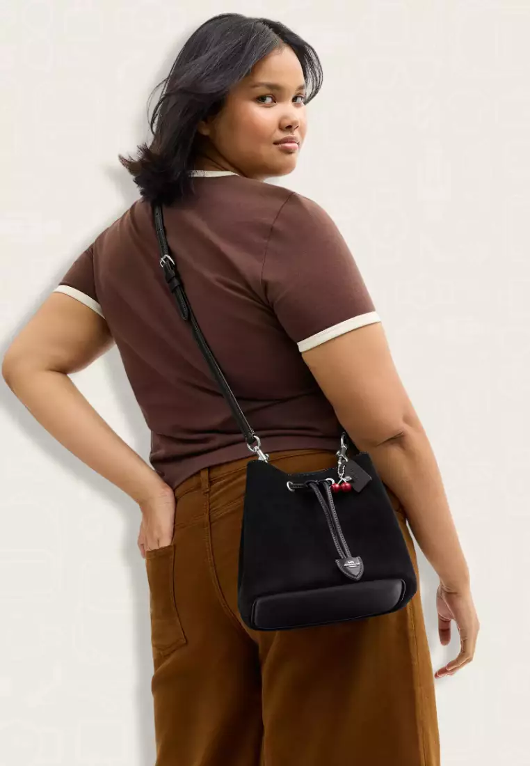 Coach Rowan Bucket Bag With Cherry Charm Silver Black