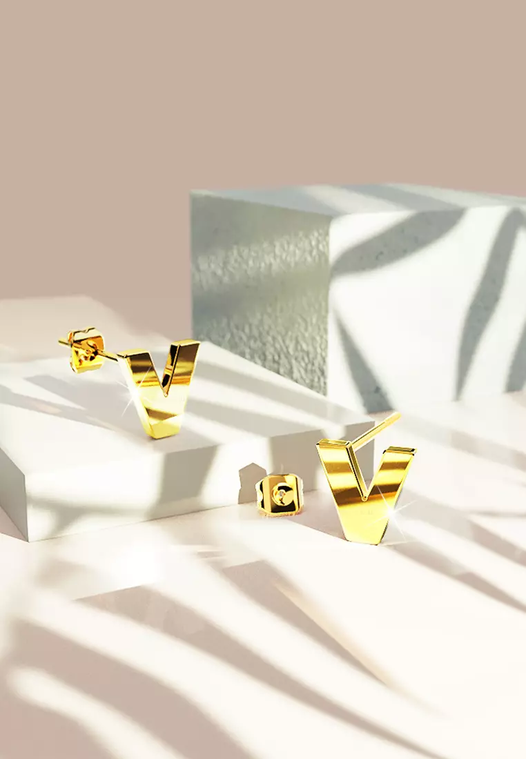 Bold Alphabet Letter Initial Charm Earrings in Gold Tone - V