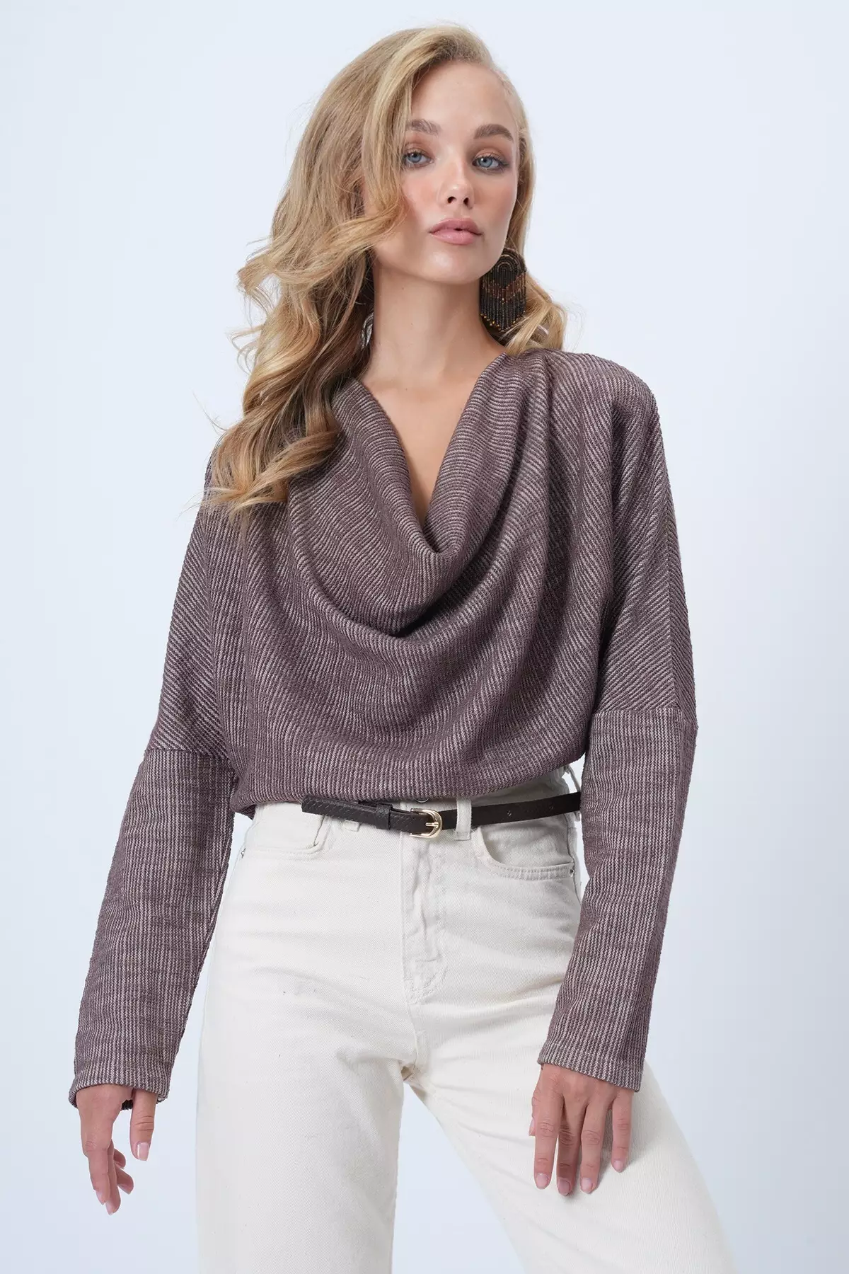 Women's Brown Cowl Collar Wide Cut Knitted Blouse Alc-X13126