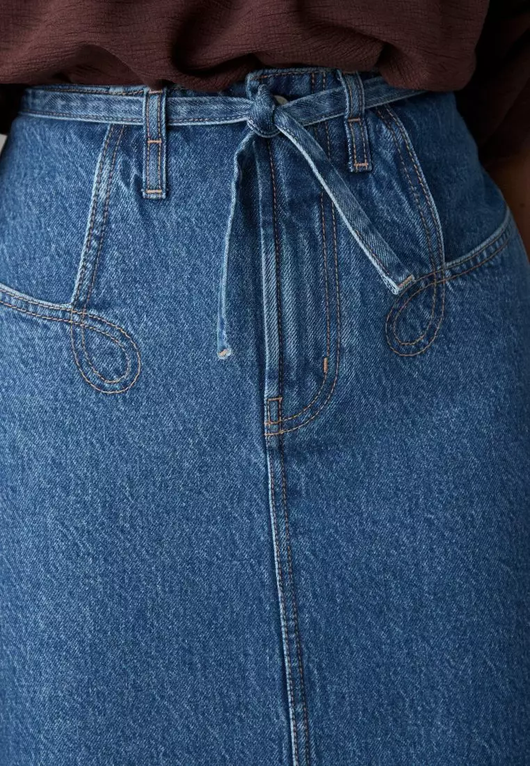100% Cotton Belted Pocket Stitch Midi Skirt