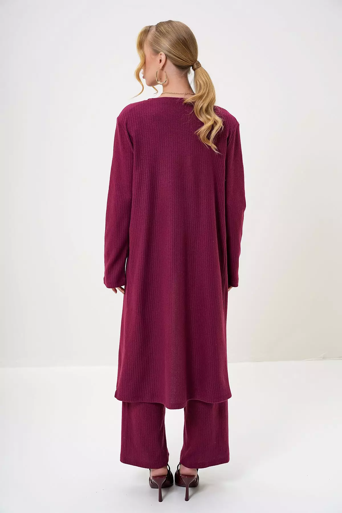 Women's Claret Red Shoulder Padded Crew Neck Blouse Trousers and Cardigan Set Suit