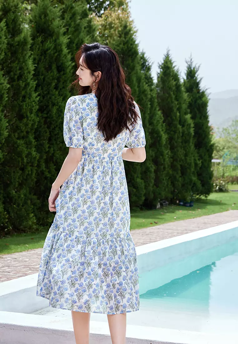 Summer Puff Sleeve V-Neck A-Line Floral Dress