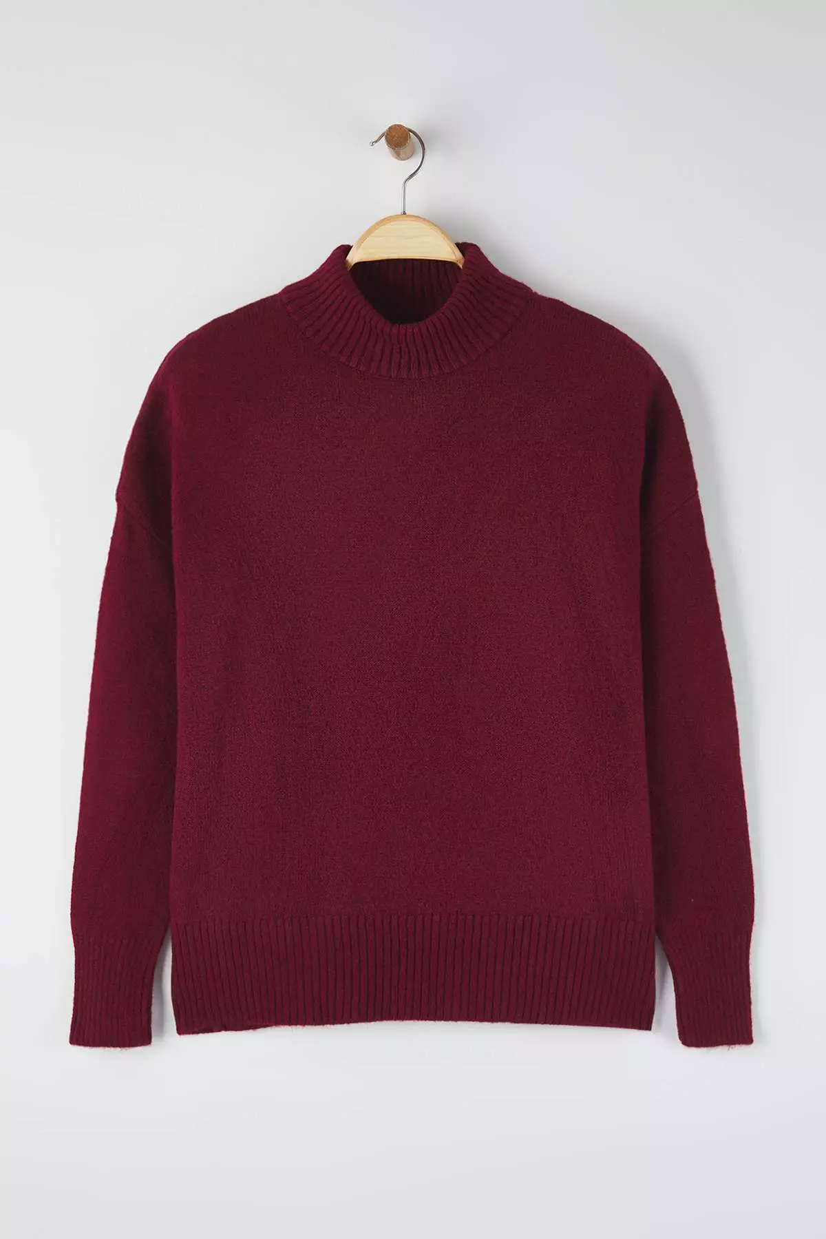 Claret Red Wide Pattern Soft Textured Stand Collar Knitwear Sweater