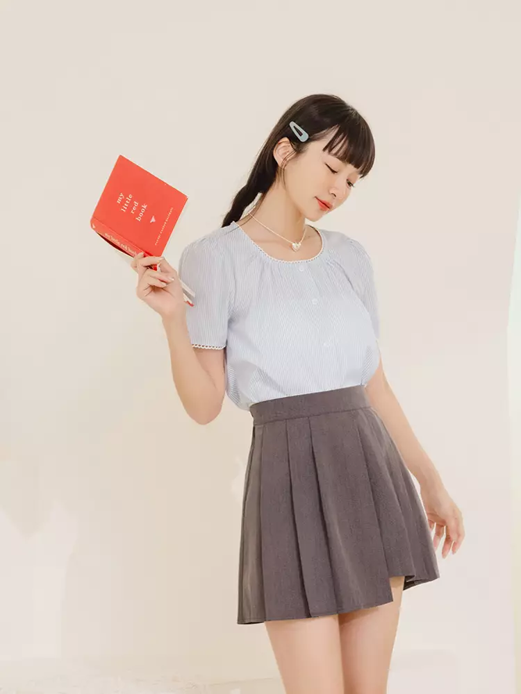 Lace Trim Striped Cropped Shirt [AB18864]