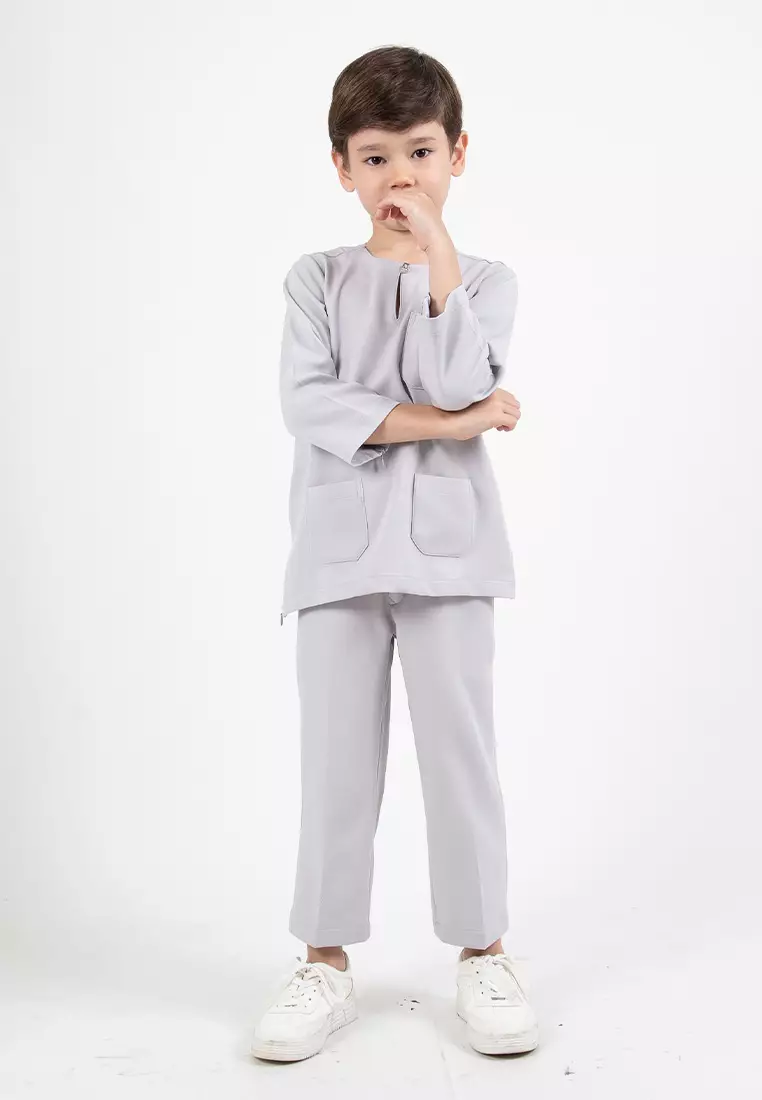 Alain Delon Slim Fit Baju Johor Ayah Anak Sedondon set - 19024504B-92LtGrey