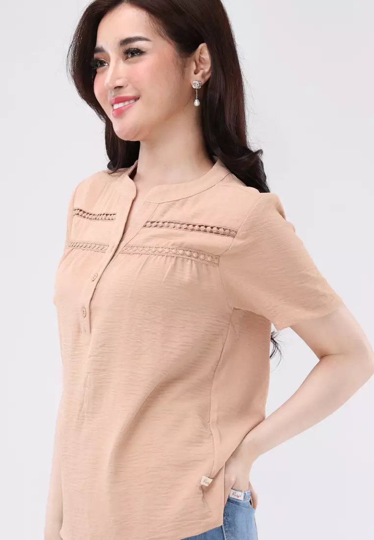 Linen Wrinkles Short Sleeves Chinese Collar Blouse