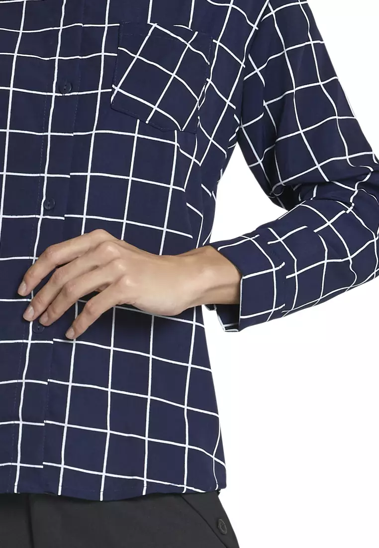 Osvald Blouse Long Sleeve Motif Kotak-Kotak Atasan Baju Wanita Casual - Navy