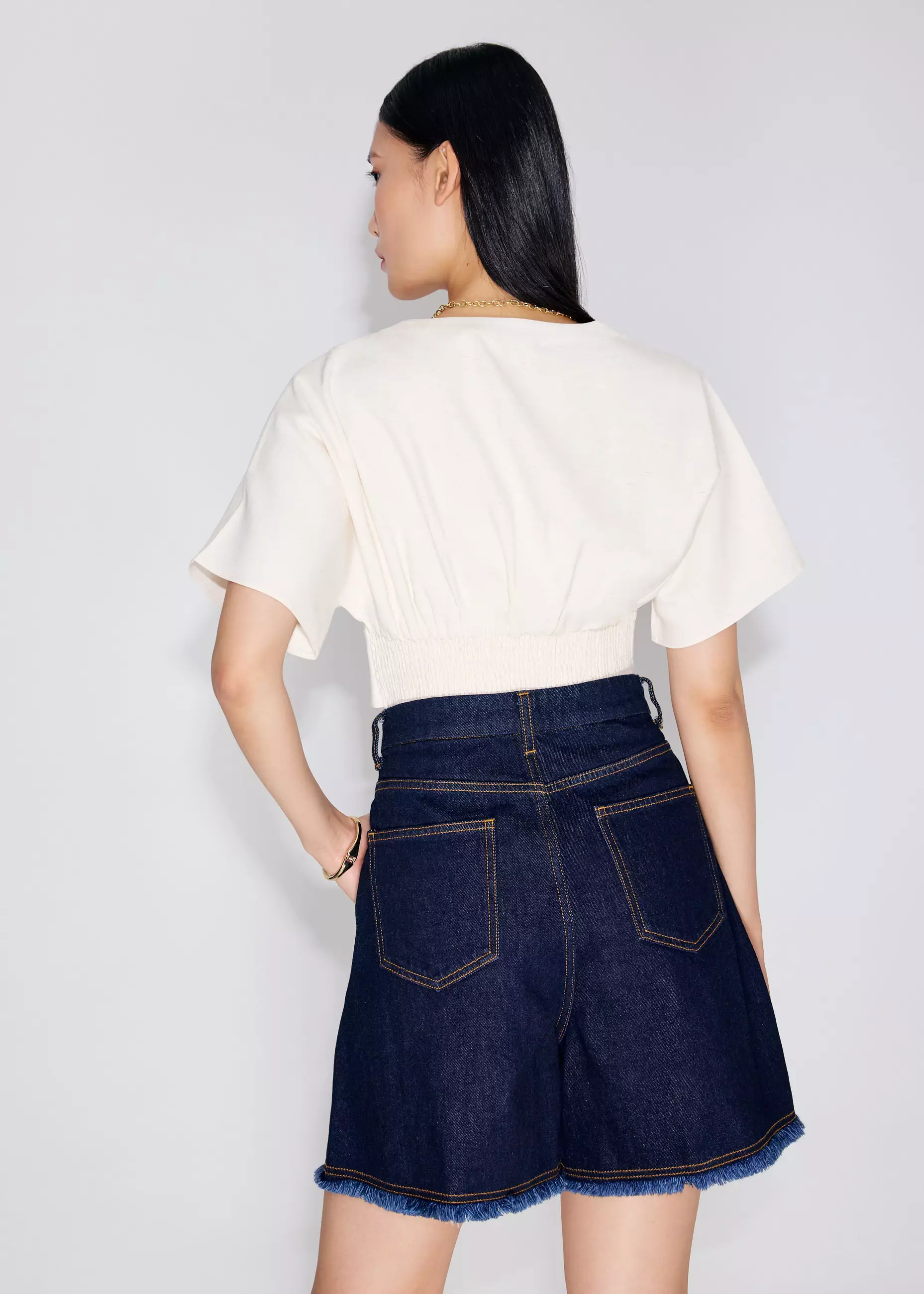 Atasan Wanita - V-neck Kimono Sleeve Crop Top