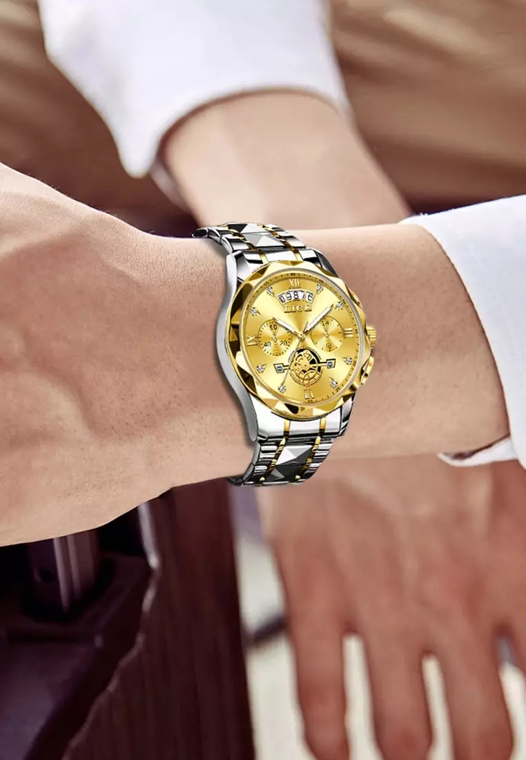 计时码表男女通用 IP 金色和不锈钢石英表，日期，不锈钢表带