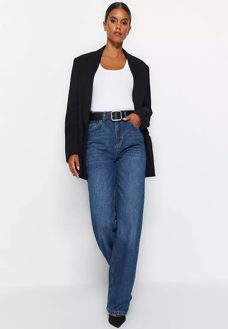 TRENDYOL Damen High Waist Wide Leg Jeans – Schwarze Weitbeinjeans Mit Cargotasche, Regular Fit