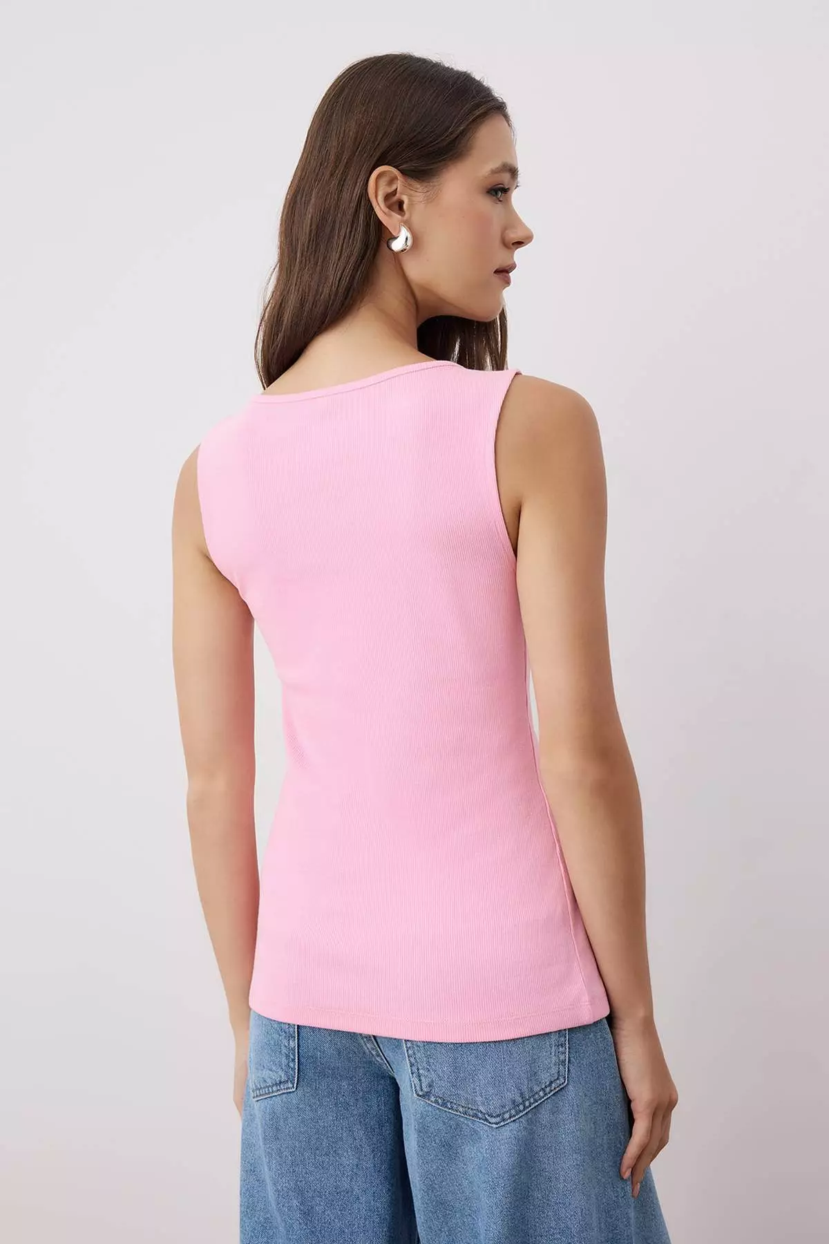 Pink Buttoned Asymmetric Fitted/Fits Body Ribbed Flexible Knit Blouse