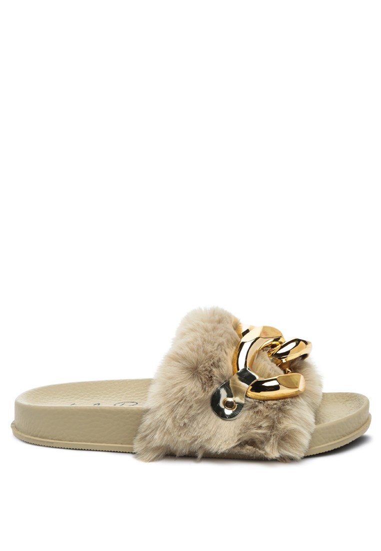 Munks Big Metal Fur Slides in Beige