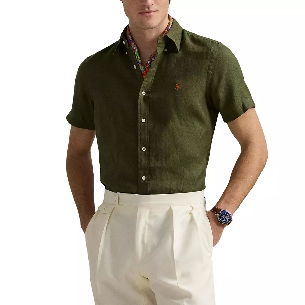 Custom Fit Linen Short Sleeve Shirt Dark Green