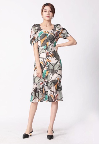 BYSI green Abstract Print Dress AF5D6AA118AAAEGS_1