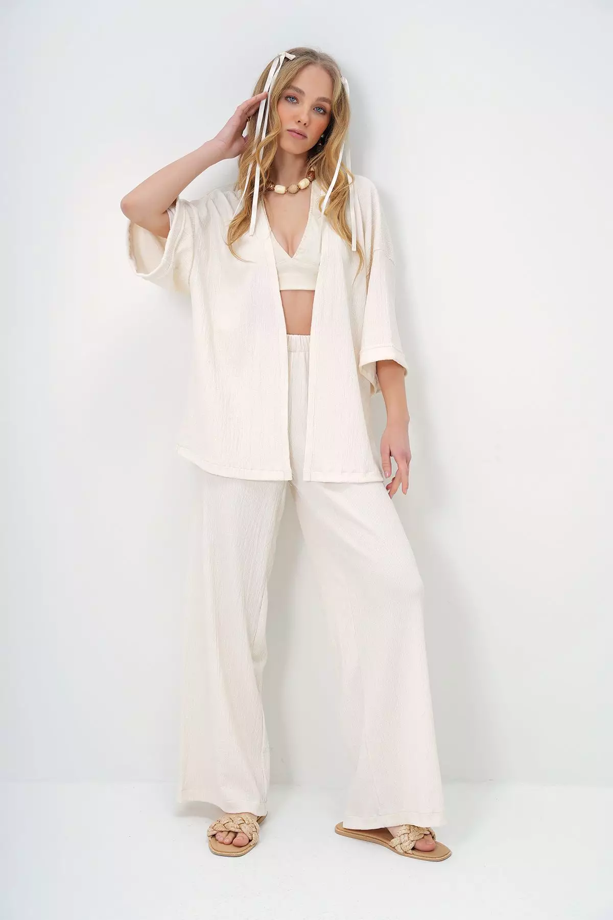 Women's Ecru Double Sleeve Wrap Fabric Summer Kimono And Trouser Set