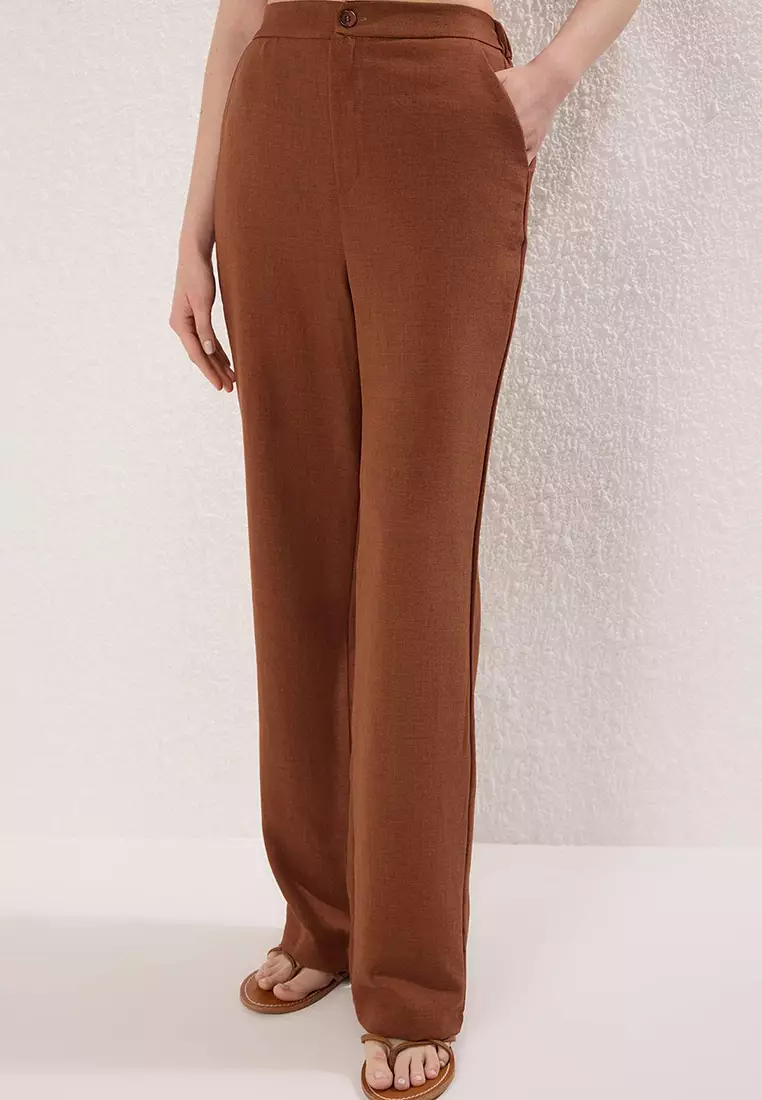 Brown Linen Look Strapless Blouse and Trousers Woven Bottom-Top Set TWOSS25AU00092