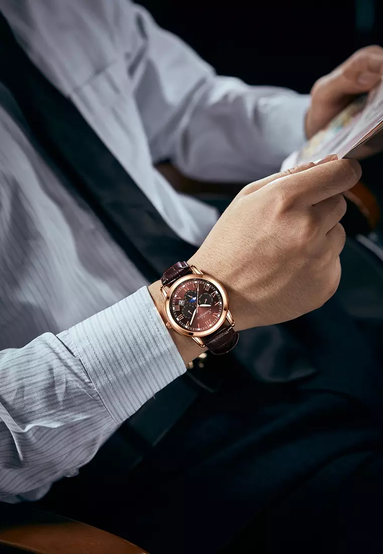 Jam Tangan Pria 7003 Kalender Kuarsa Santai Bisnis Tali Kulit Jam Tangan Cowok brown