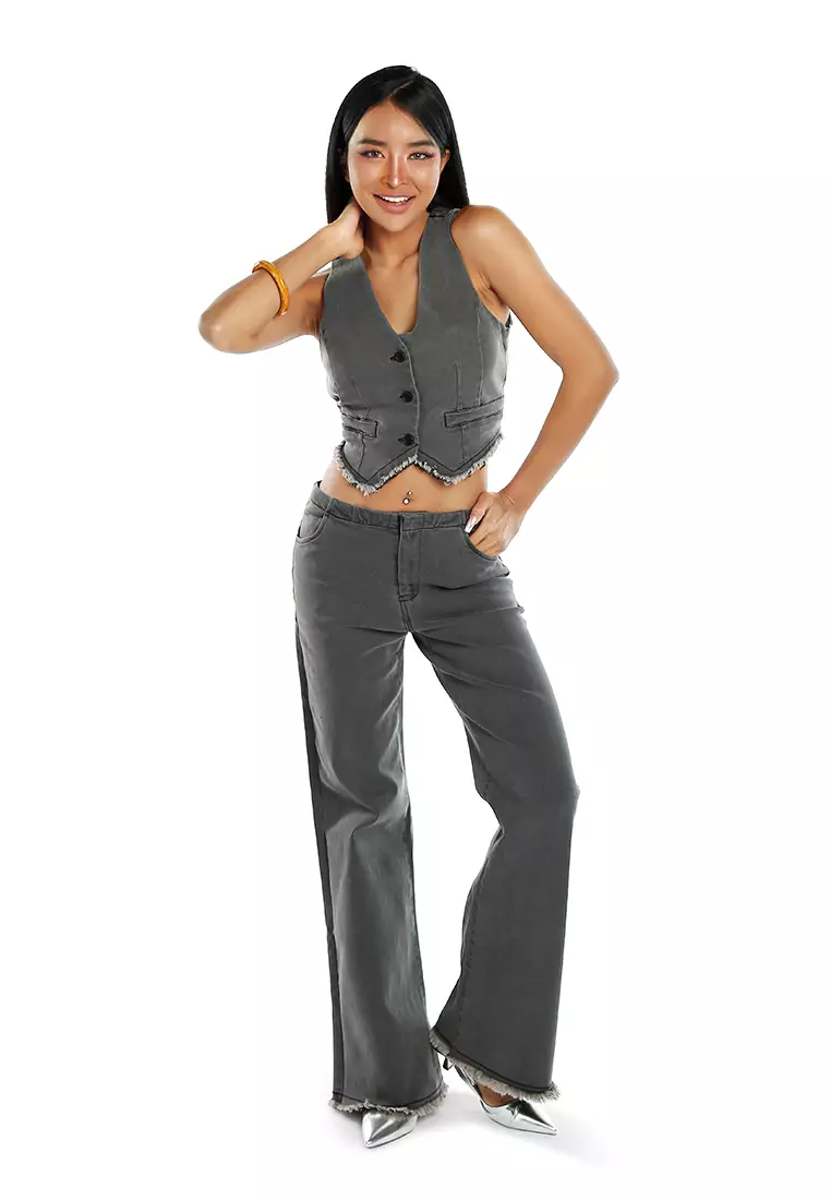 Backless Denim Waistcoat In Washed Black