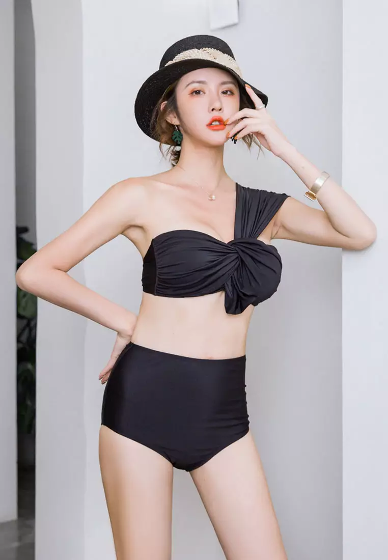 Slant Shoulder Split High Waist Two Piece Swimsuit CA071701BK