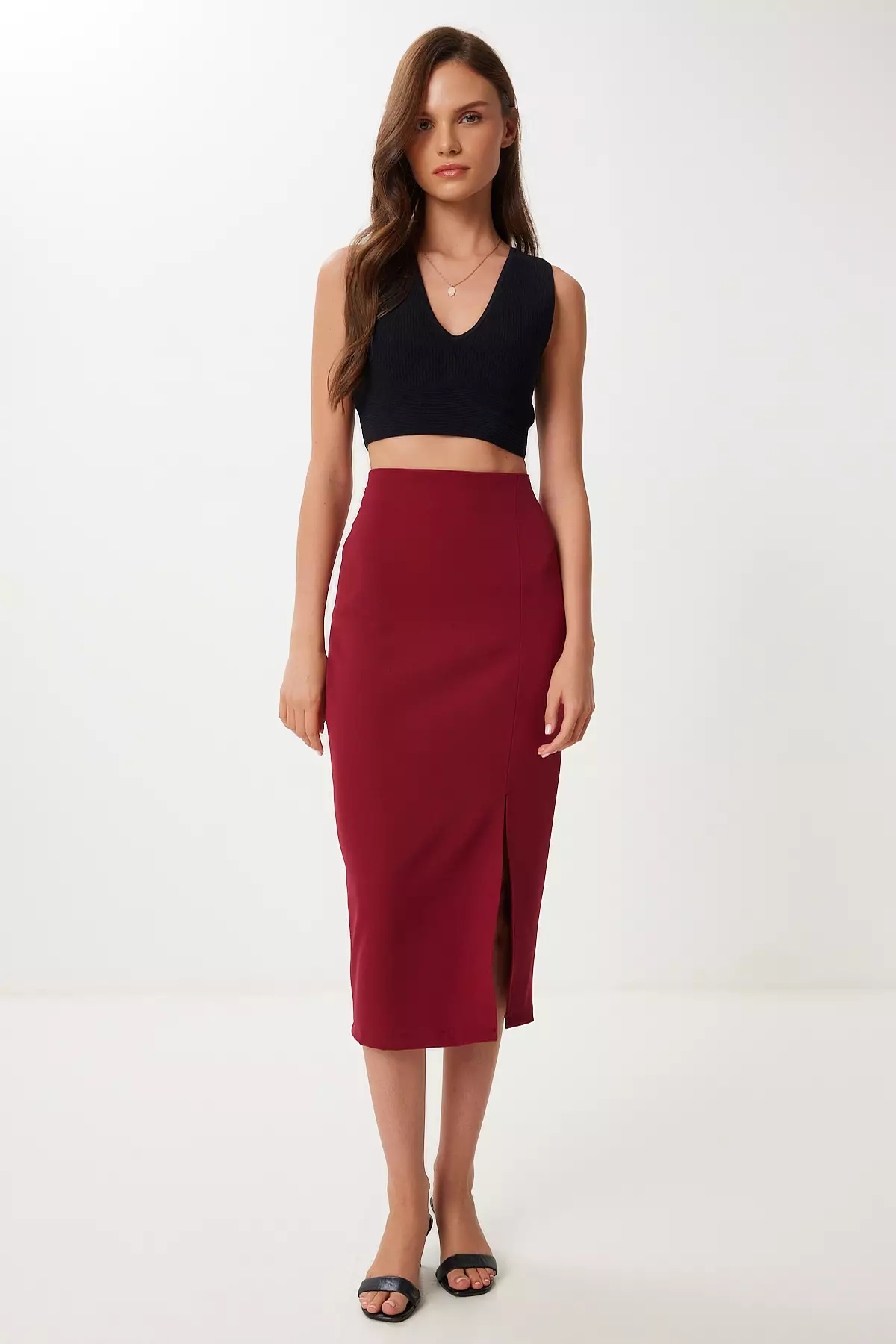 Women's Burgundy Slit Woven Pencil Skirt Rv00211