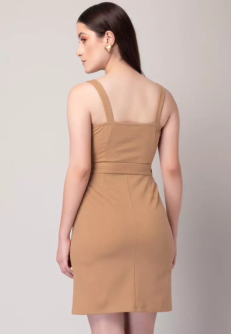 Beige Sleeveless Bodycon Dress With Belt