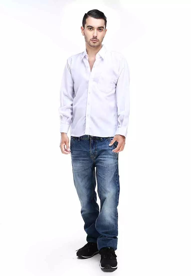 Dwan Kemeja Polos Pria Lengan Panjang Casual Plain Shirt Kasual Formal Material Cotton ORIGINAL - White