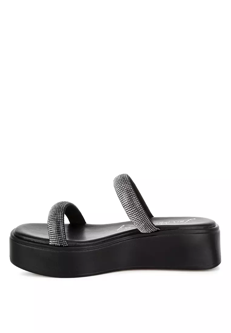 Sandal Platform Berhias Berlian Imitasi Tebal Warna Hitam