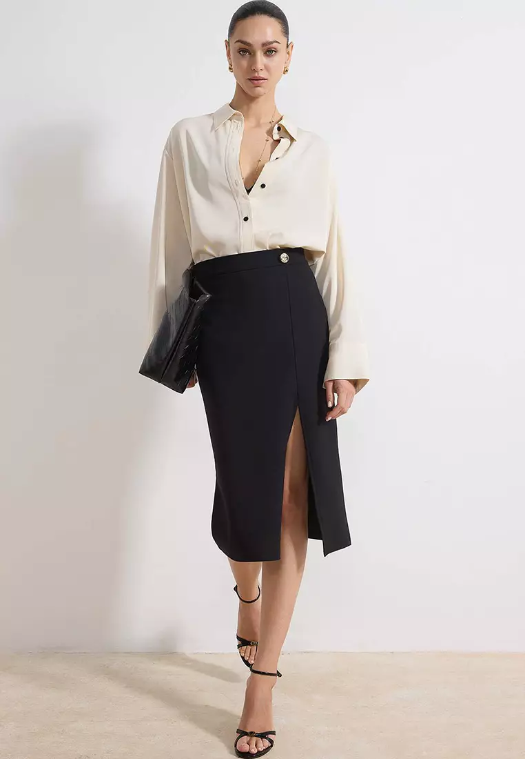 Black Pencil Accessory Detailed Regular Waist Midi Scuba Crepe Knitted Skirt Twoss26Et21