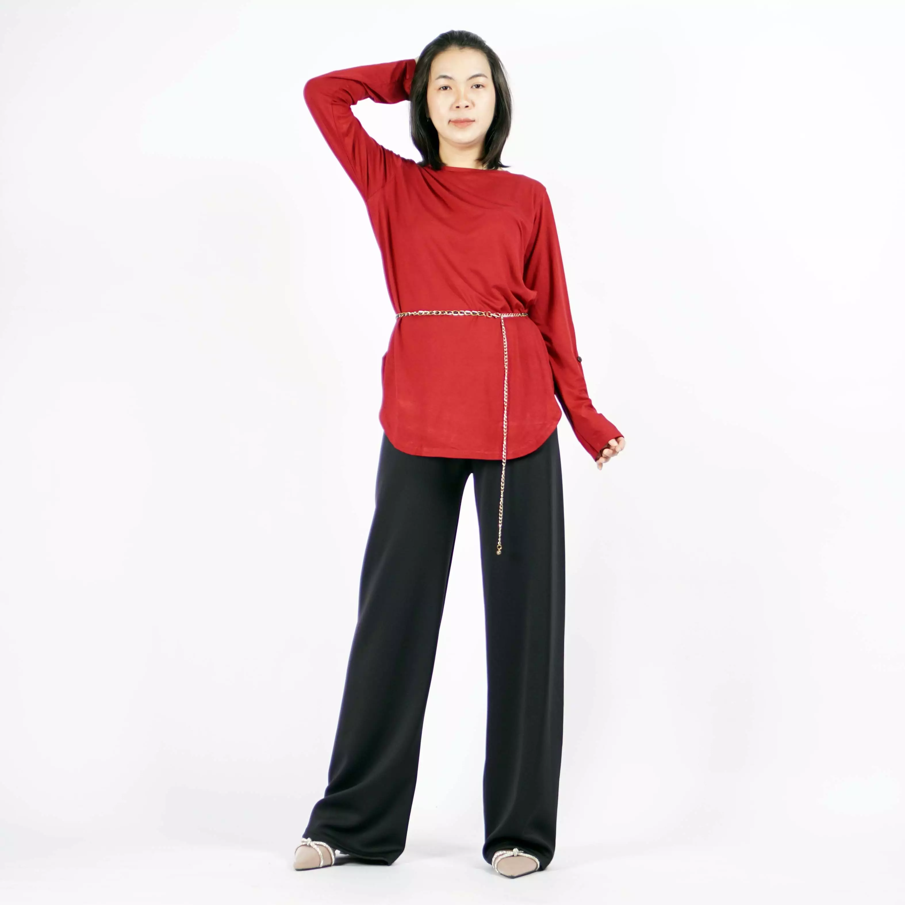  JASMINE TOP Tunik Polos Kaos Lengan Panjang Wanita Oversize TShirt - Marun