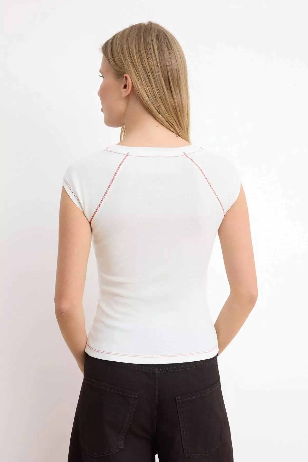 Ecru Fitted/Bodycon Raglan Sleeve Short Sleeve Ribbed/Camisole Knitted Blouse Twoss26Bz618
