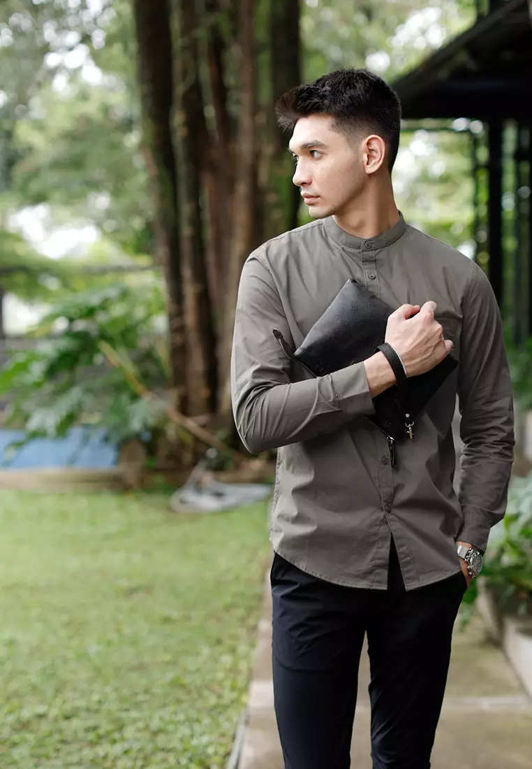 Oxcon Collarless Long Sleeve Business Shirt soft cotton Mid Grey