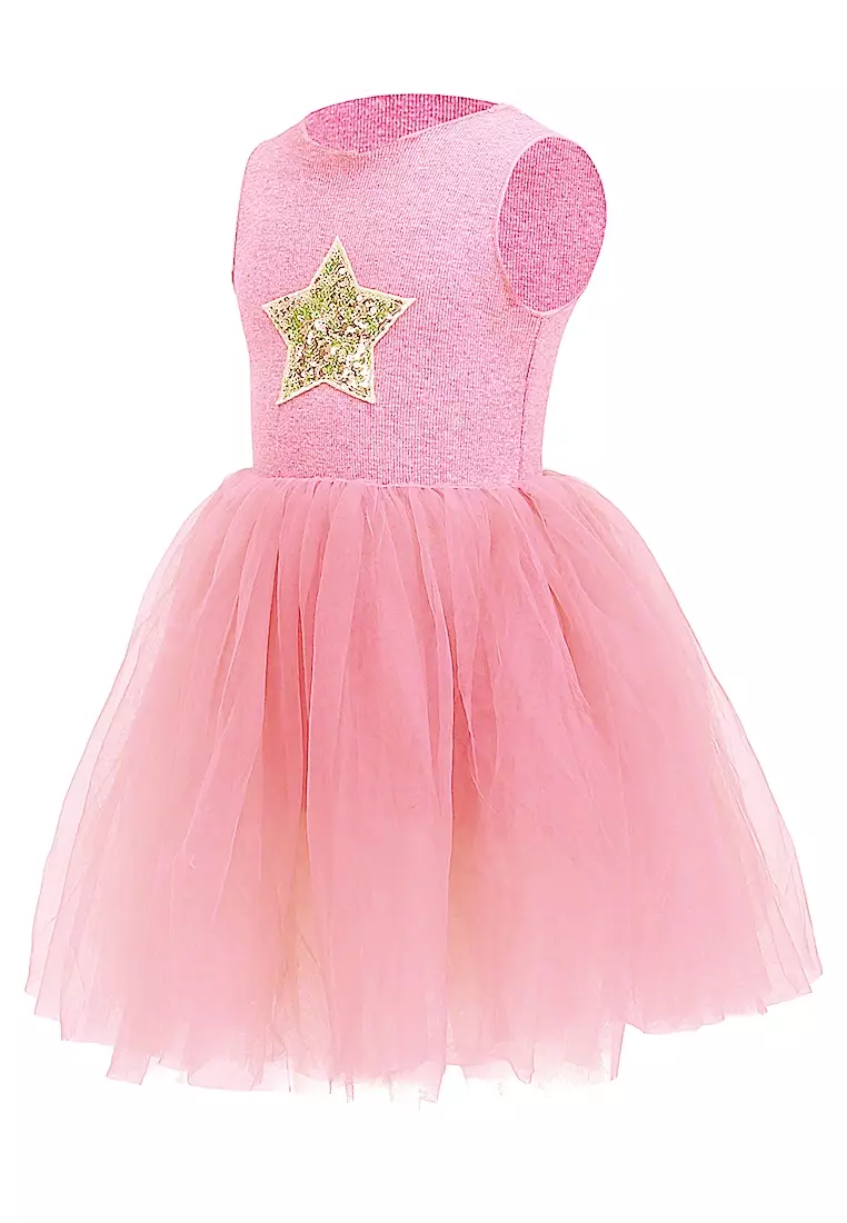Bianca Dress Anak Perempuan Motif Bintang Gaun Desain Payet Sleeveless Material Cotton ORIGINAL - Pink