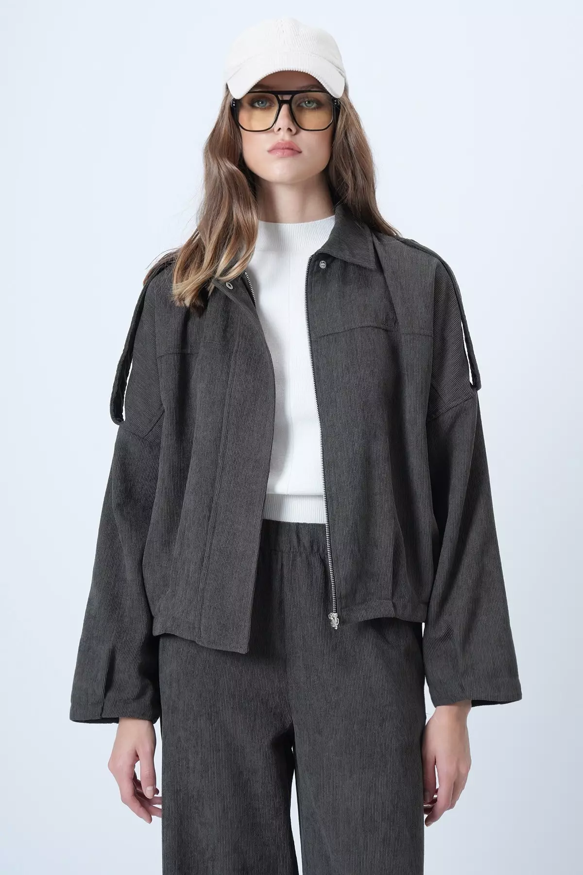 Khaki Shoulder Epaulettes Lined Velvet Bomber Jacket Alc-X14617