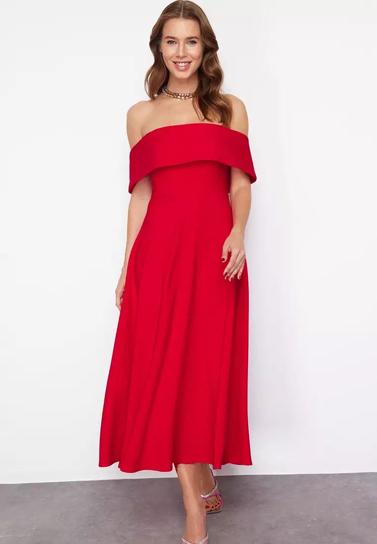 Red Collar Detail A Line Stylish Evening Dress