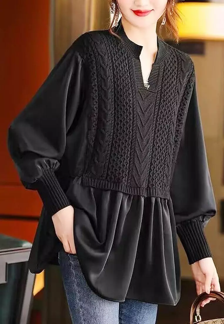 VANSA Stylish Paneled Knit Long Sleeve Shirt VCW-Bs624437
