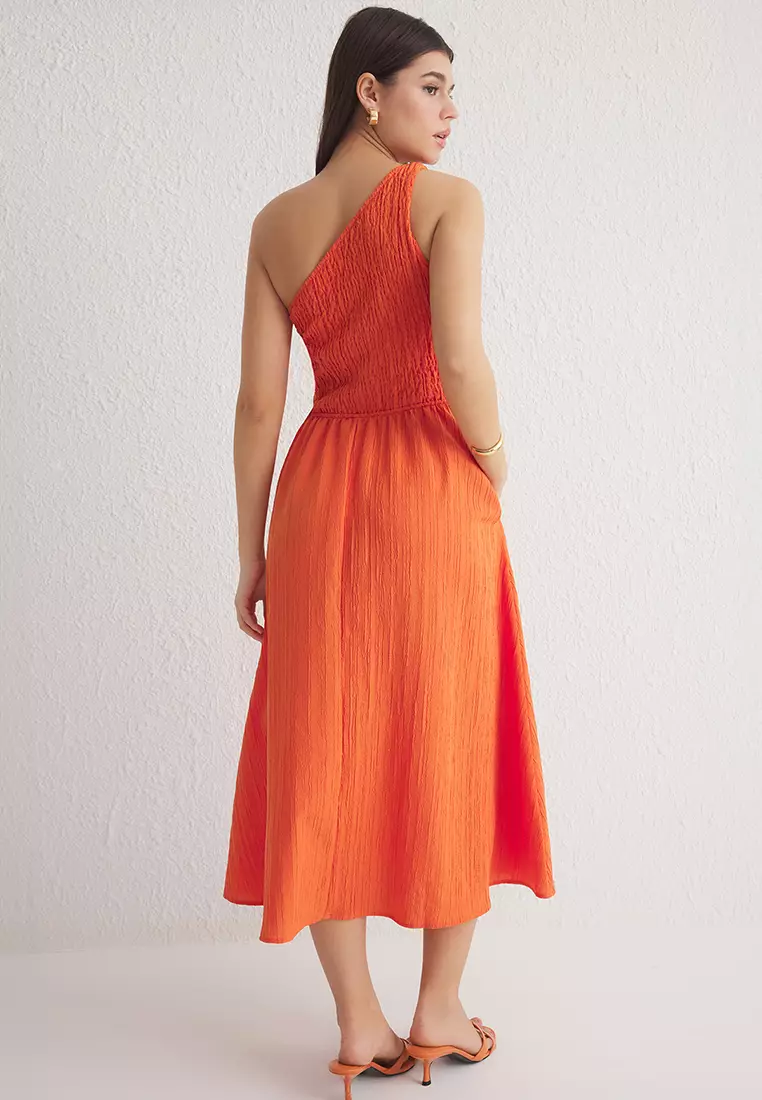 Orange Plain Midi Woven Dress