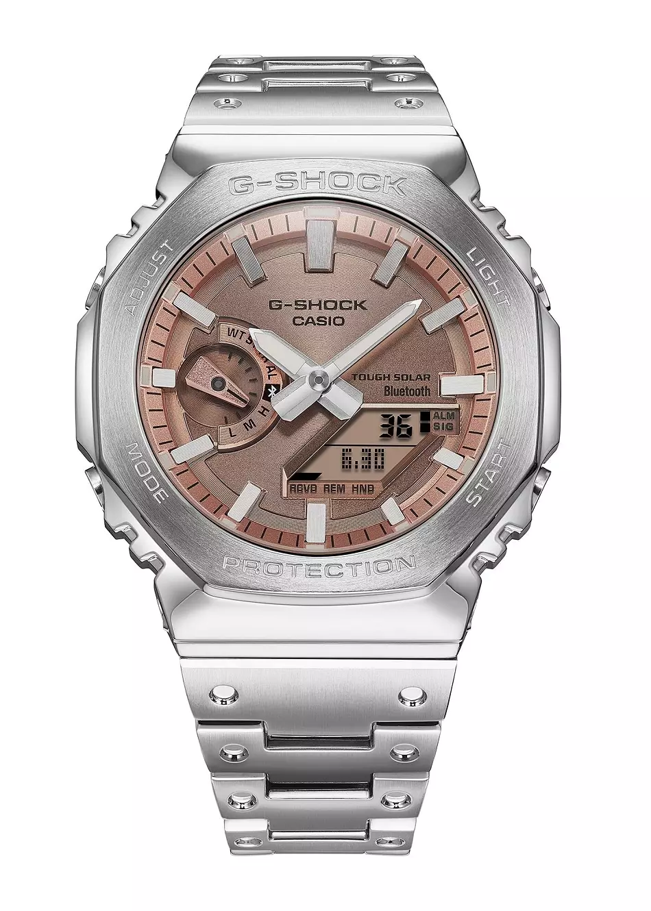 Men GM-B2100AD-5A Stainless steel Metal Silver Peach Solar Powered