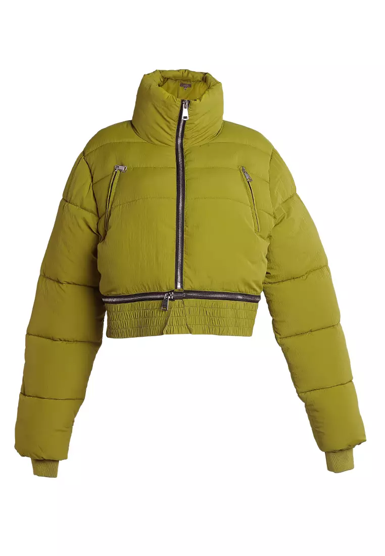 Jaket Puffer Turtleneck Dipotong Zaitun Gelap