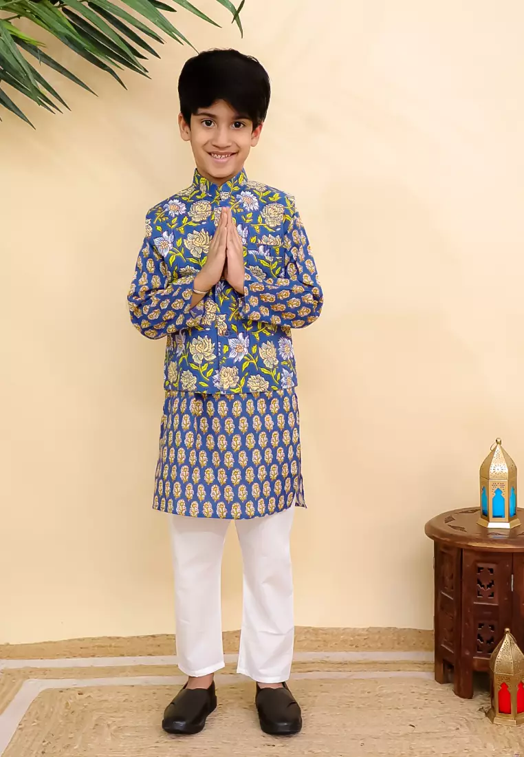The Mom Store Blaze Boys Jacket And Kurta Pajama Set - Blue