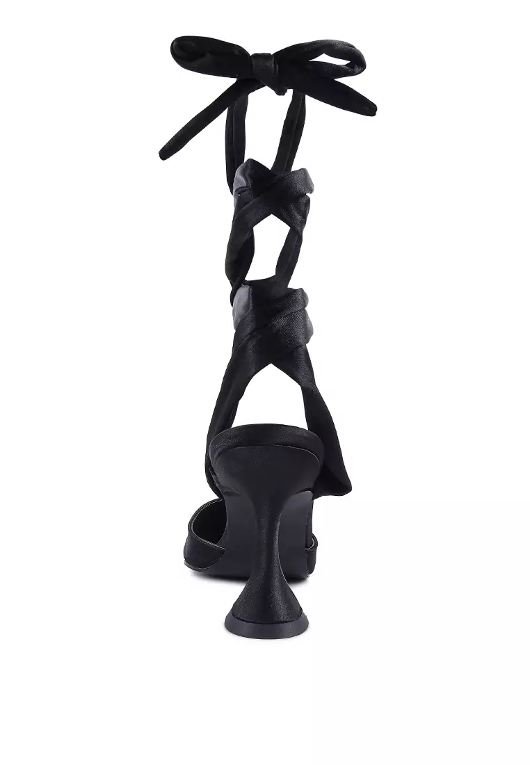 Black Kitten Heel Tie Up Satin Sandals